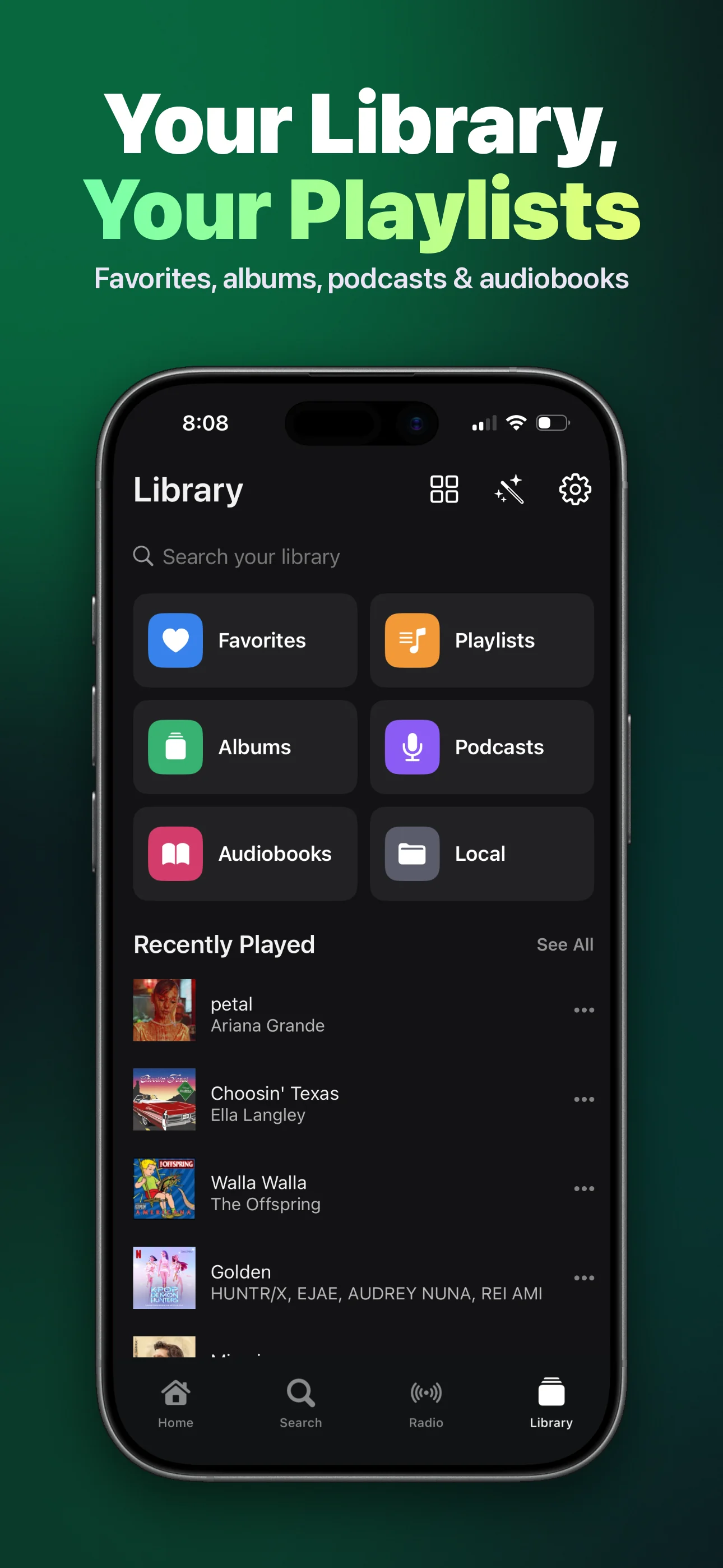 Your library, your playlists: favorites, playlists, albums, podcasts, audiobooks and recently played