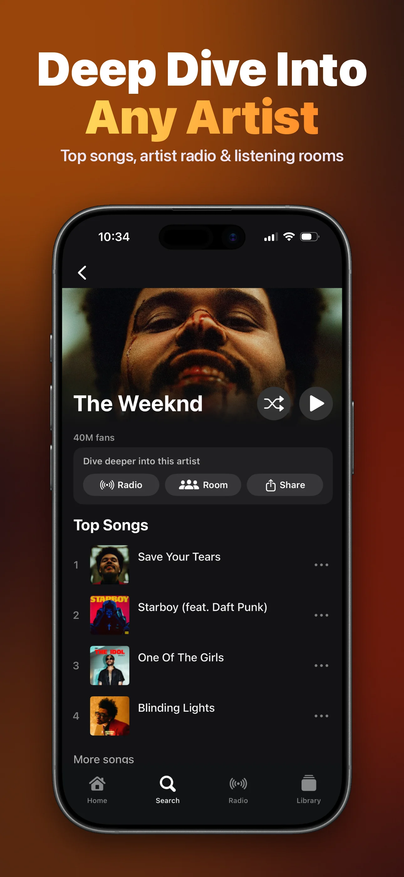 Deep dive into any artist: artist page with top songs, artist radio and listening rooms