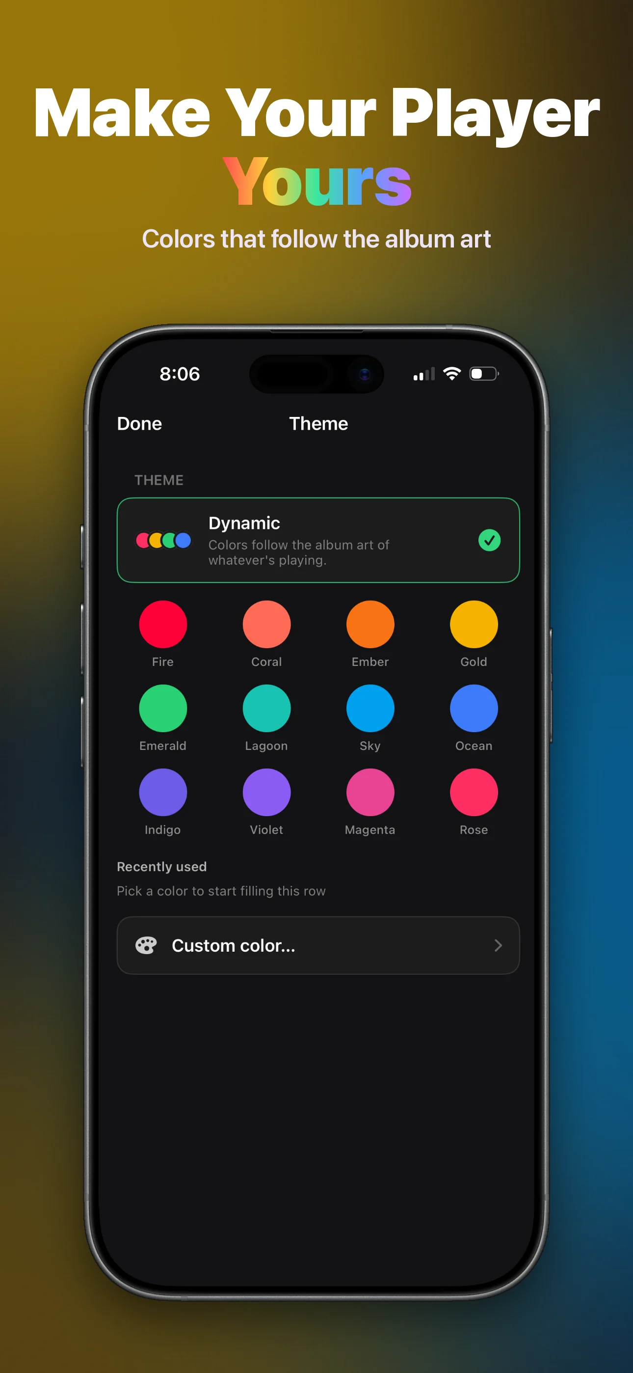 Make your player yours: theme colors that follow the album art, or pick your own