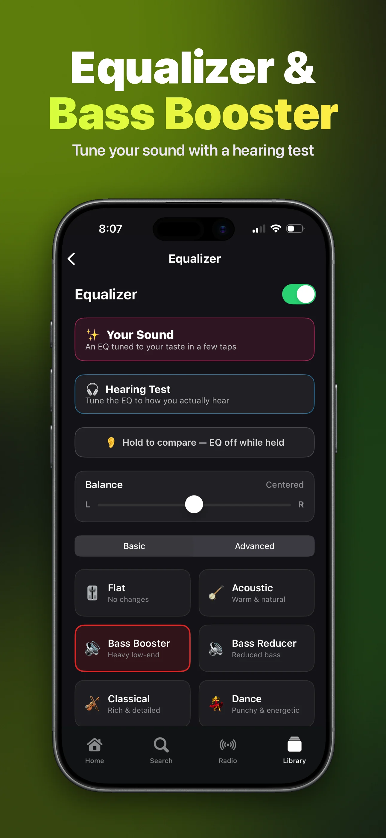 Equalizer and bass booster: EQ presets, balance and a hearing test that tunes the sound to you