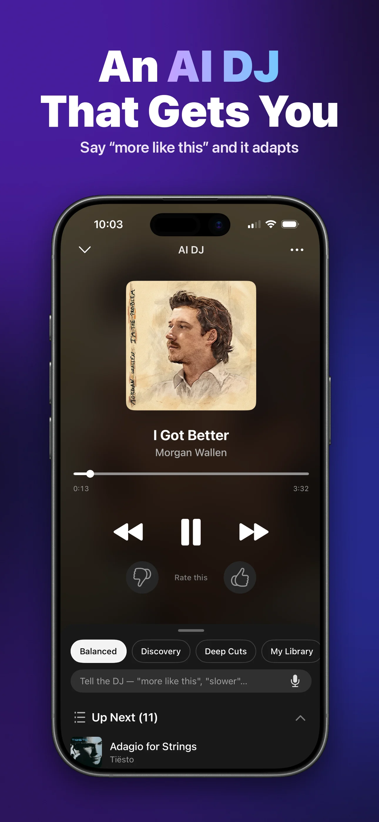 An AI DJ that gets you: AI DJ player with Balanced, Discovery and Deep Cuts modes and a “more like this” prompt